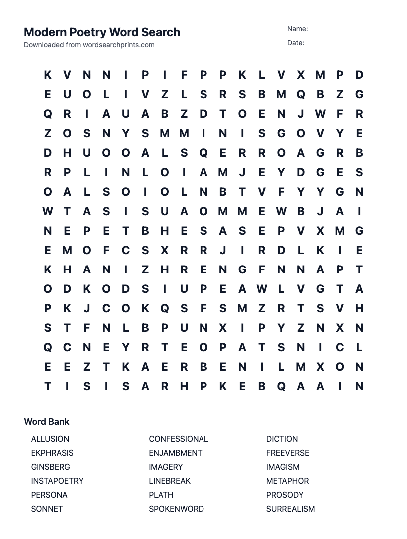 Modern Poetry Word Search