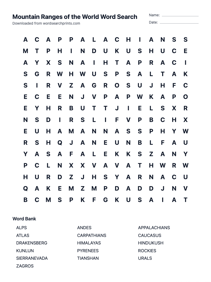 Mountain Ranges of the World Word Search
