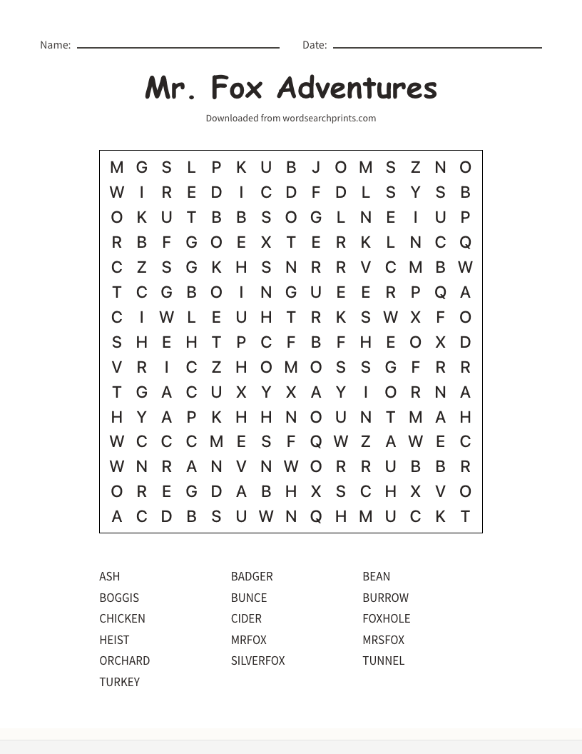 Mr. Fox Adventures Word Search