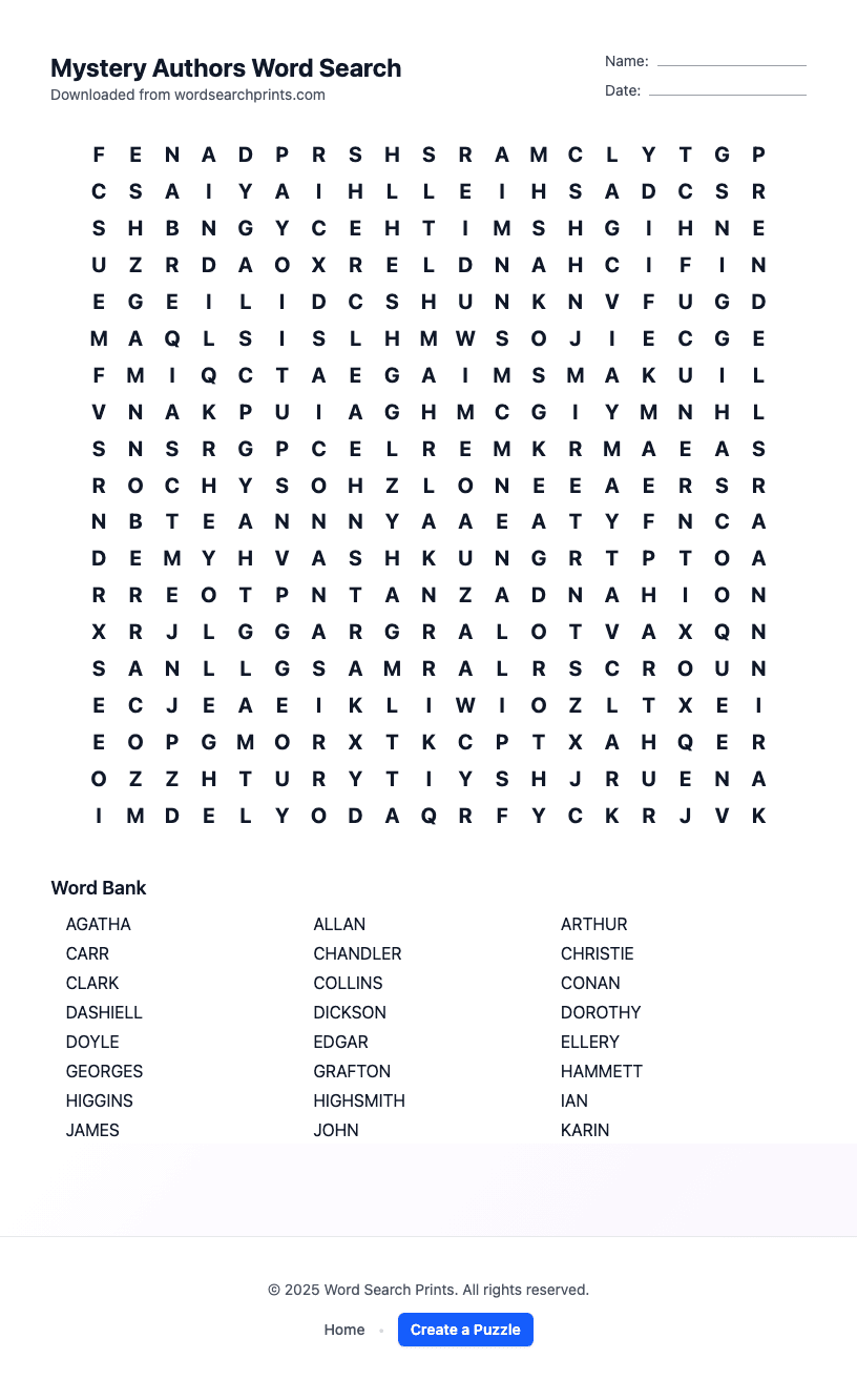 Mystery Authors Word Search
