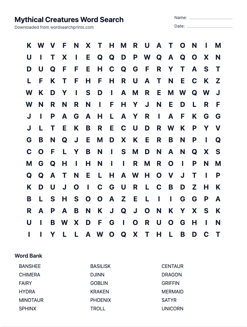 Mythical Creatures Word Search