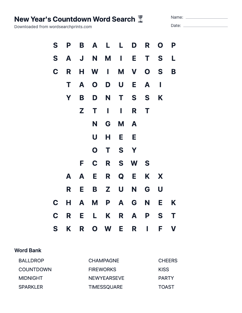 New Year's Countdown Word Search