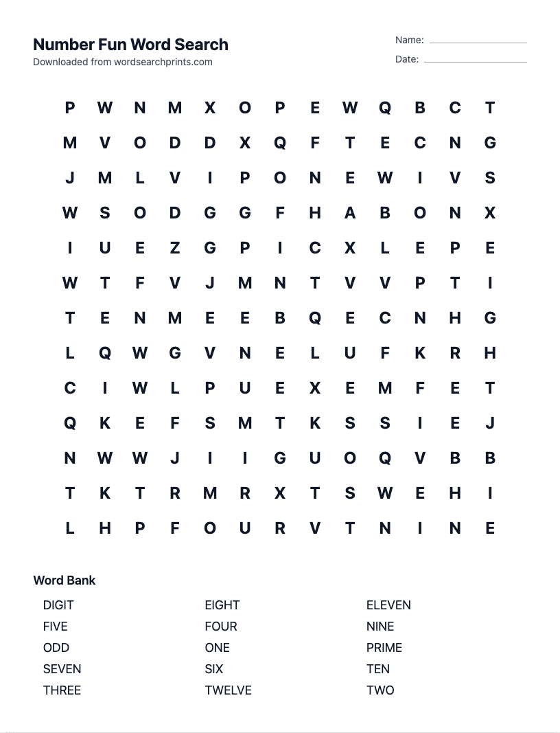 Number Fun Word Search