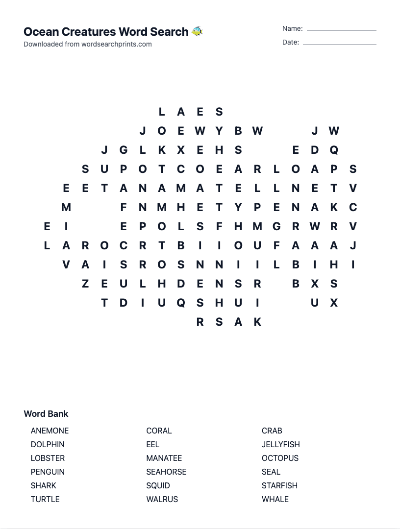 Ocean Creatures Word Search