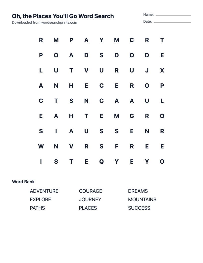 Oh, the Places You'll Go Word Search