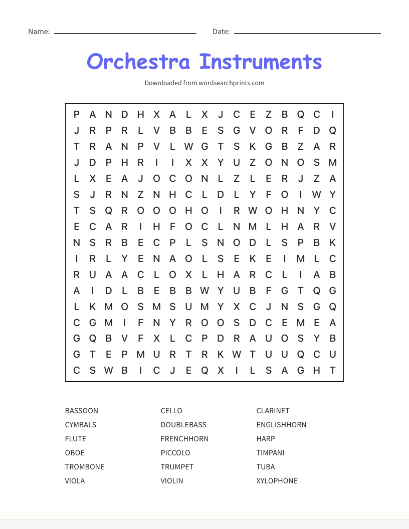 Orchestra Instruments Word Search