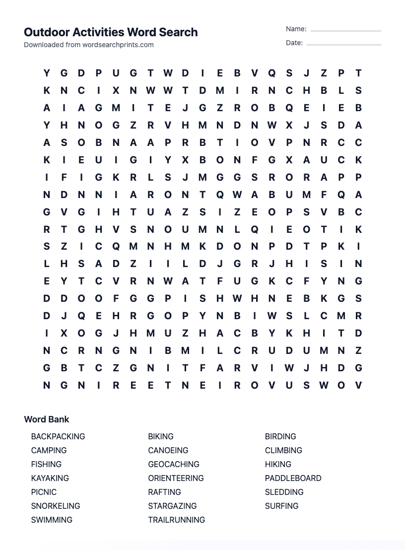 Outdoor Activities Word Search