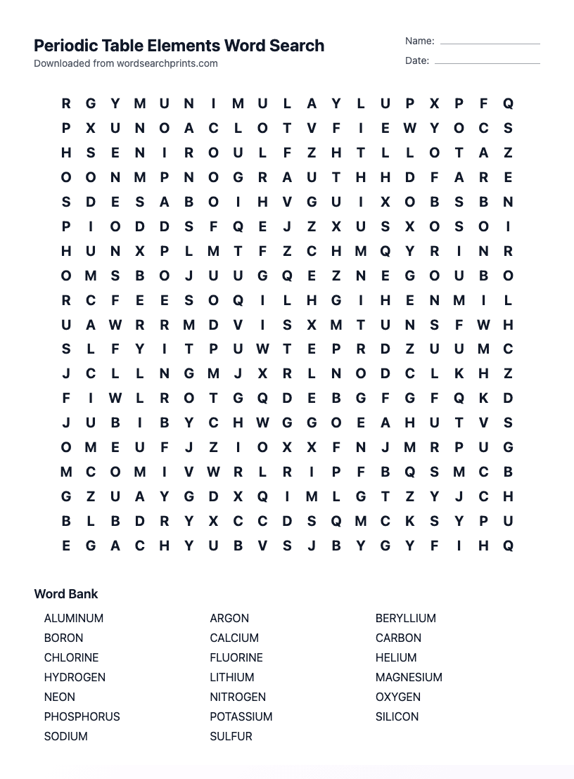 Periodic Table Elements Word Search
