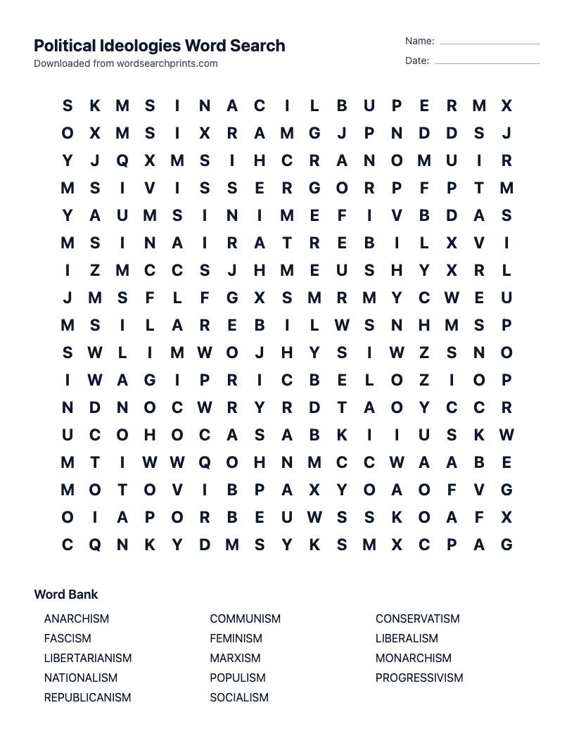 Political Ideologies Word Search