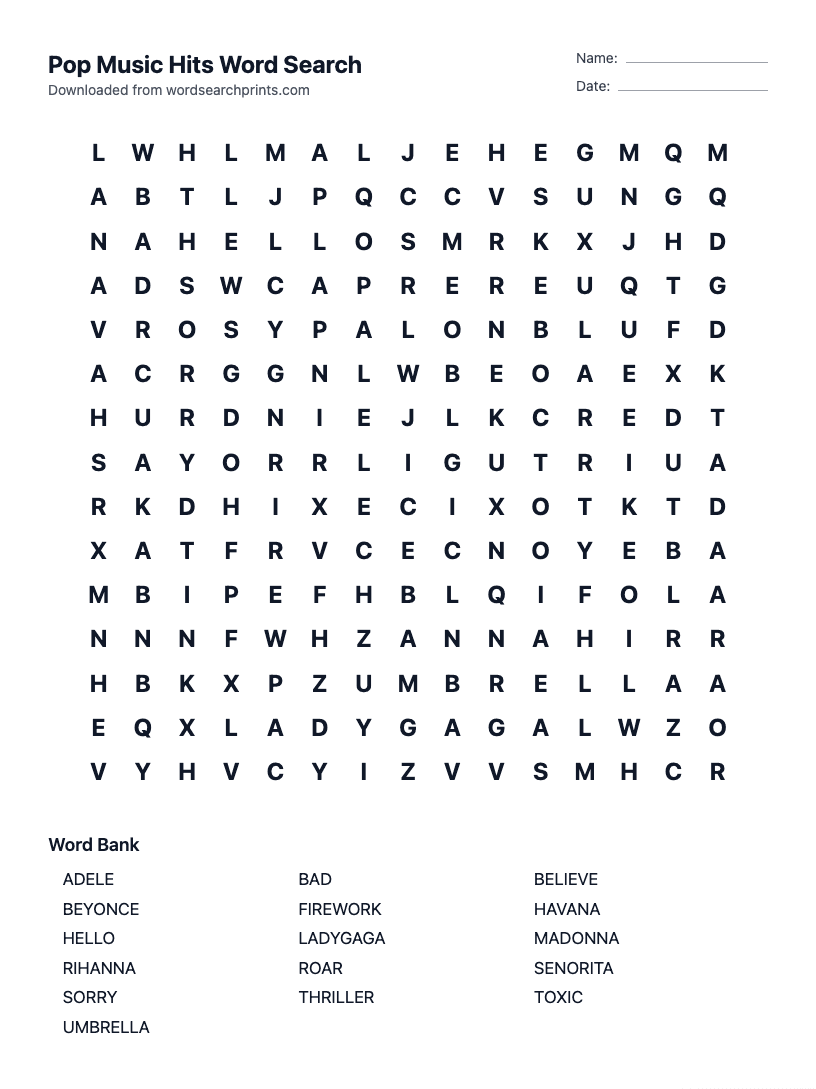 Pop Music Hits Word Search