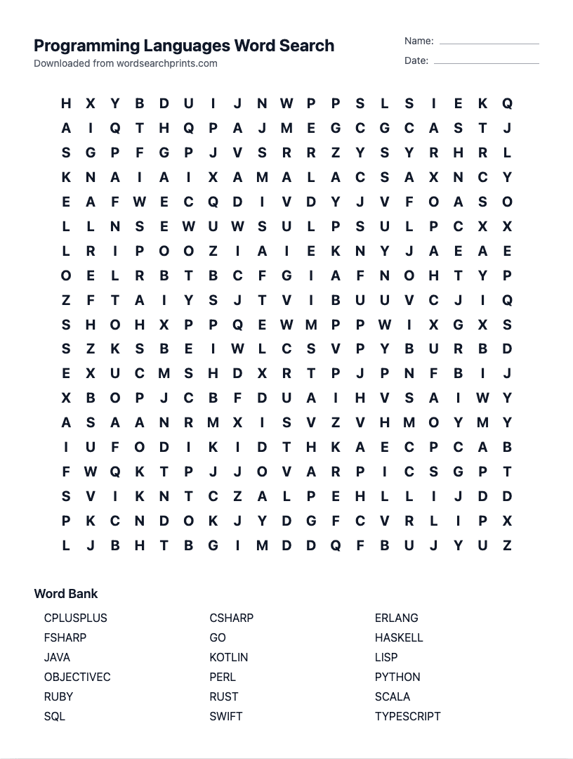 Programming Languages Word Search
