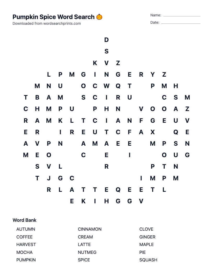 Pumpkin Spice Word Search