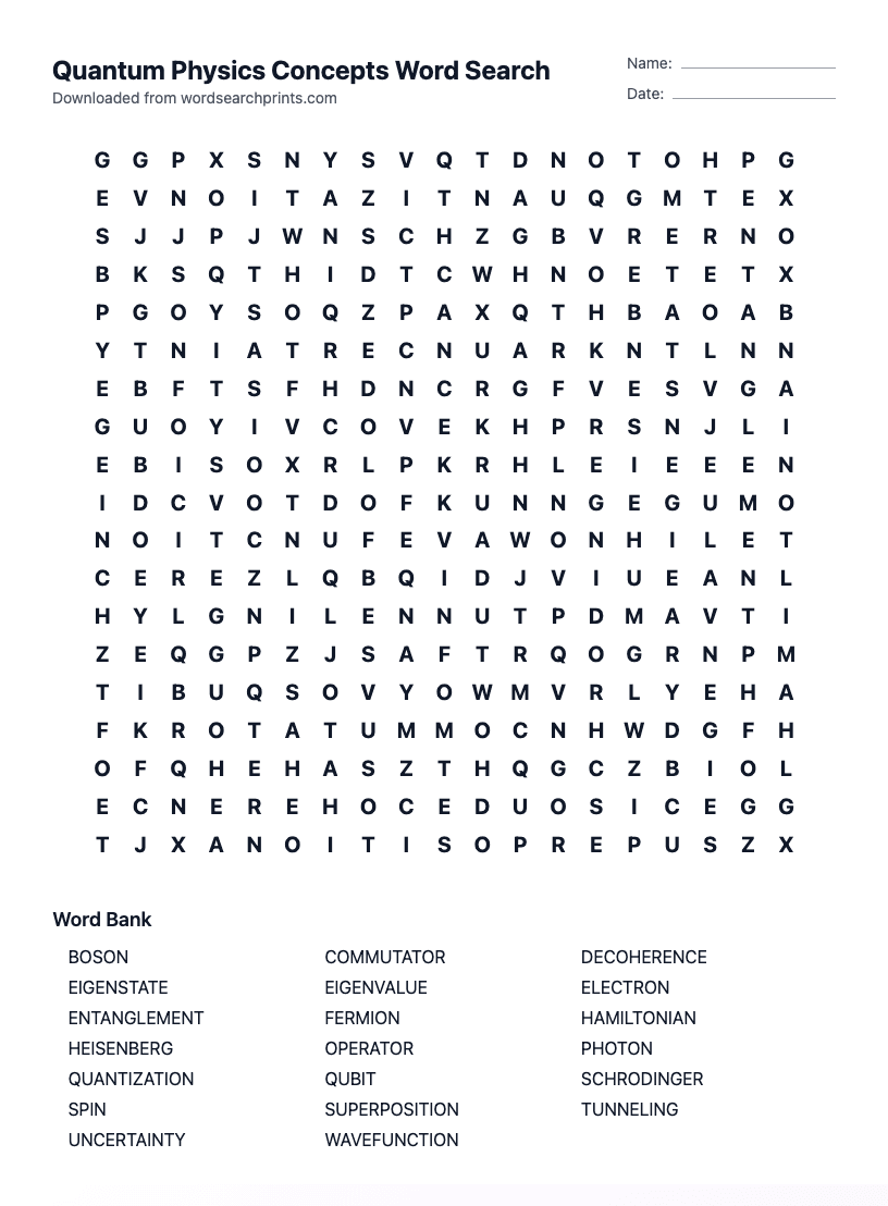 Quantum Physics Concepts Word Search