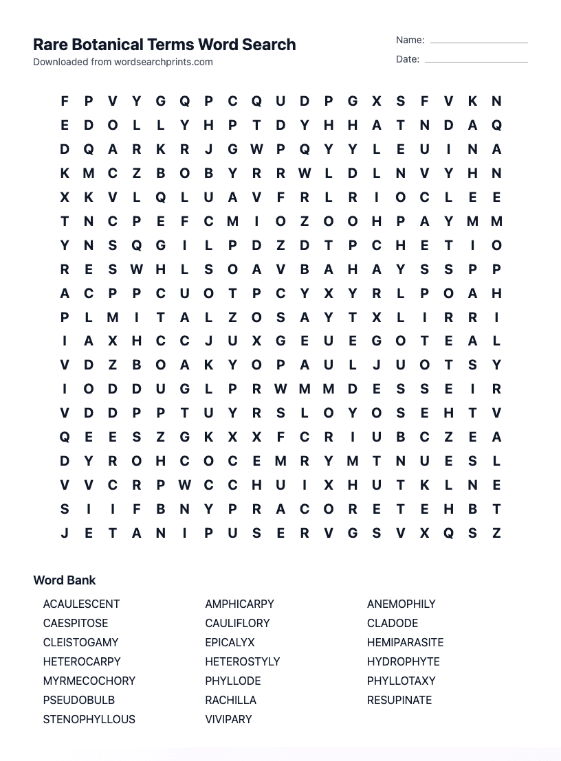 Rare Botanical Terms Word Search