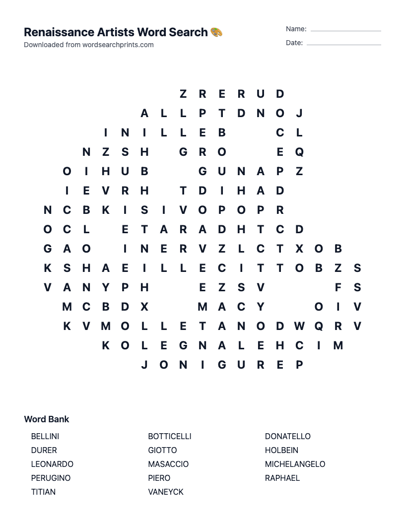 Renaissance Artists Word Search