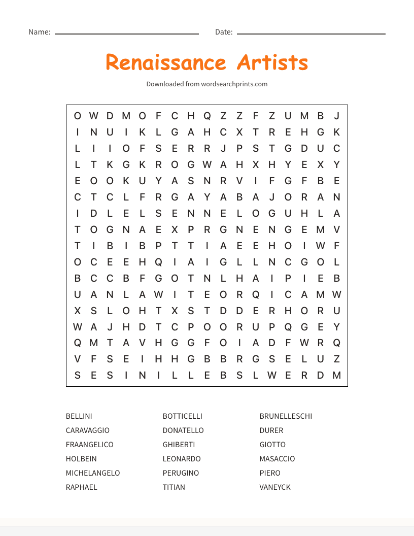 Renaissance Artists Word Search