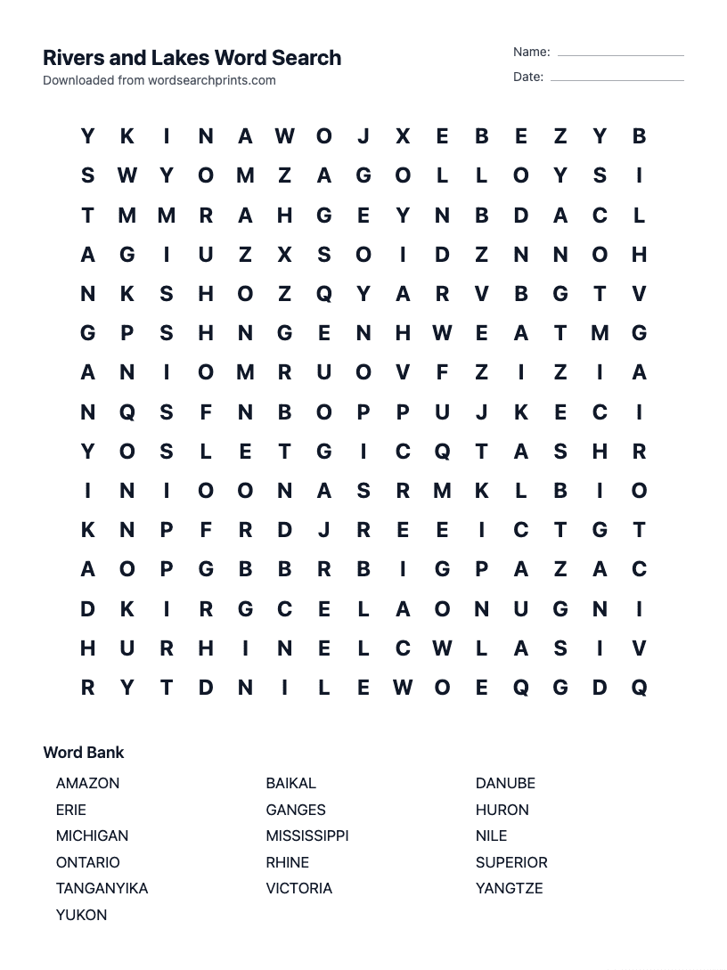 Rivers and Lakes Word Search