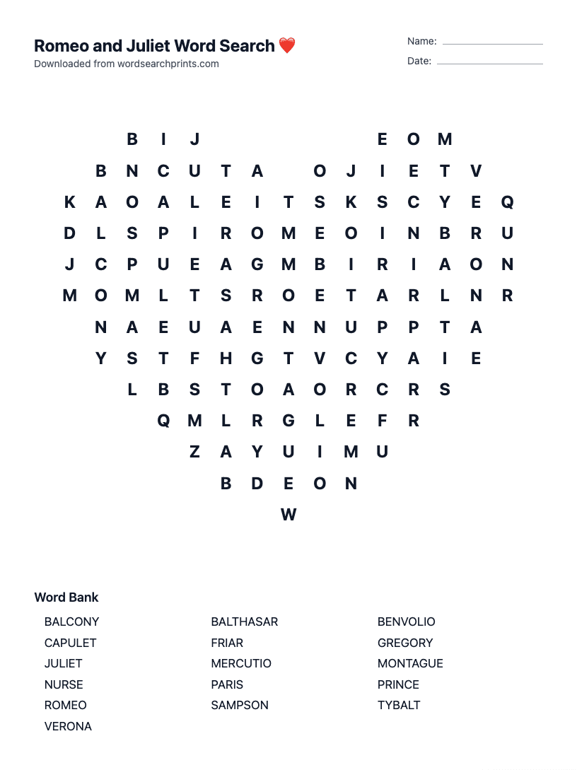 Romeo and Juliet Word Search