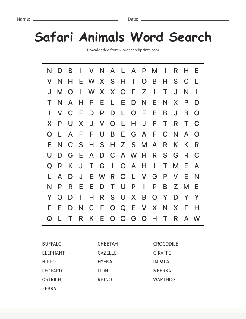 Safari Animals Word Search