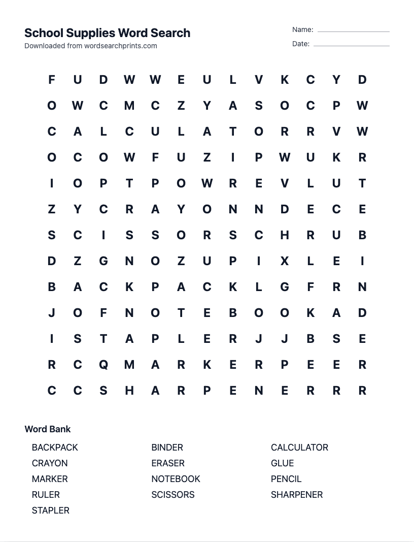 School Supplies Word Search