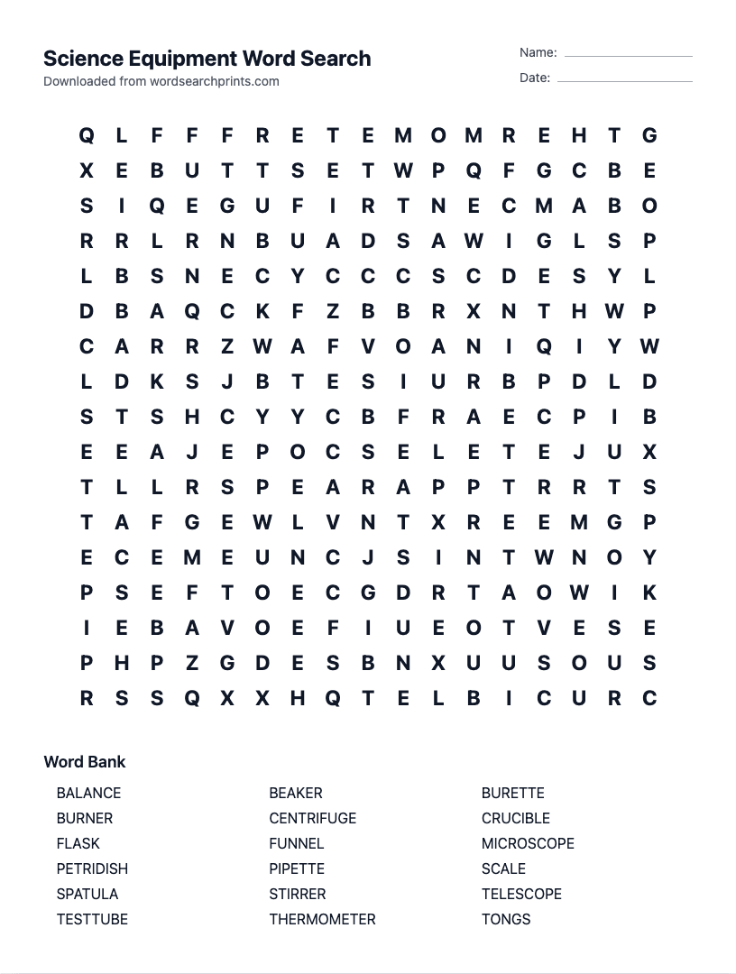 Science Equipment Word Search