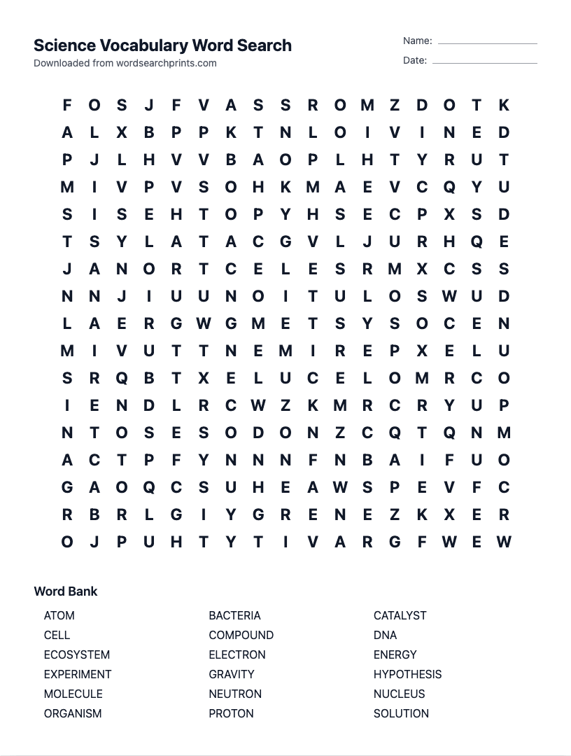 Science Vocabulary Word Search