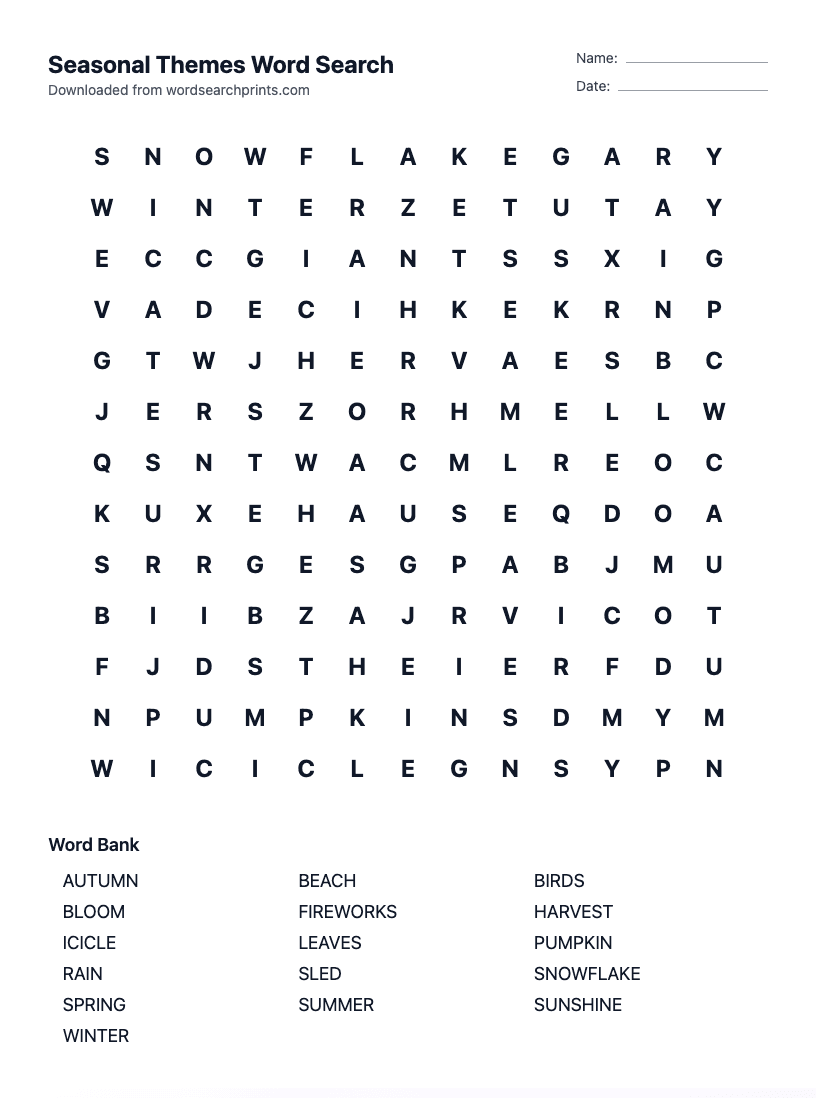 Seasonal Themes Word Search
