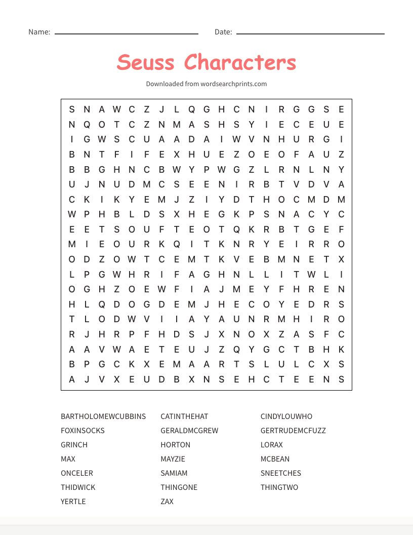Seuss Characters Word Search