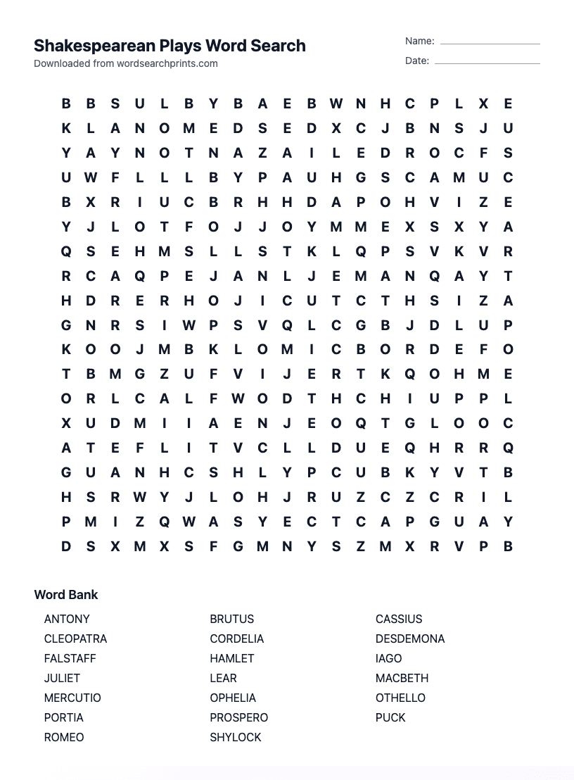 Shakespearean Plays Word Search
