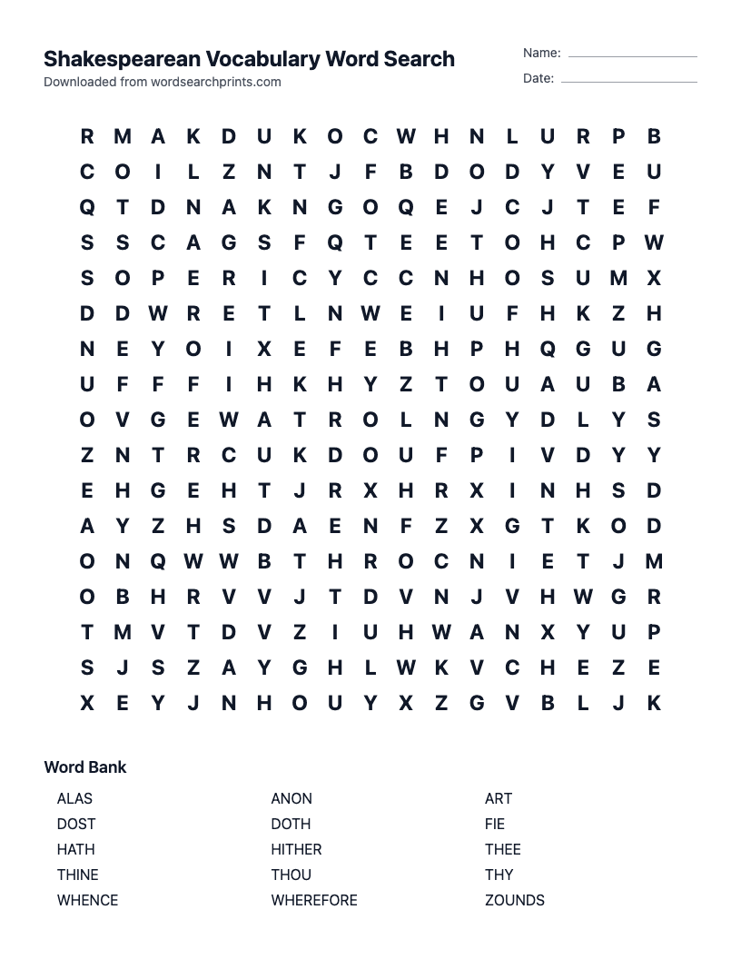 Shakespearean Vocabulary Word Search