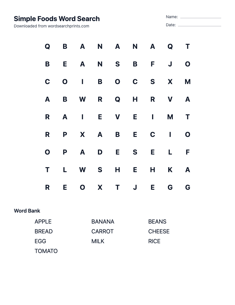 Simple Foods Word Search