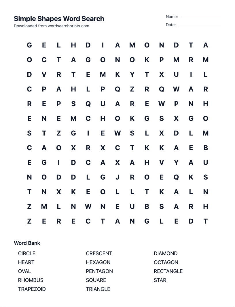 Simple Shapes Word Search