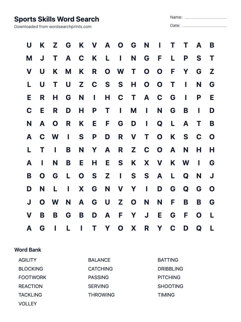 Sports Skills Word Search