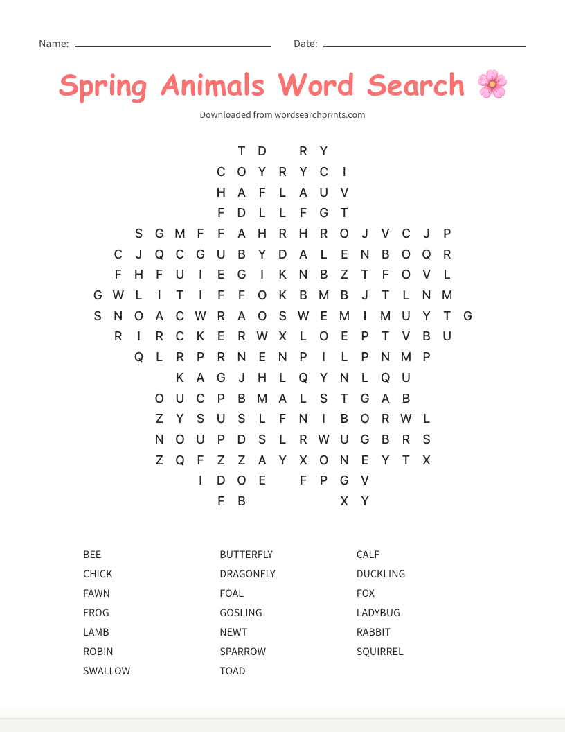 Spring Animals Word Search