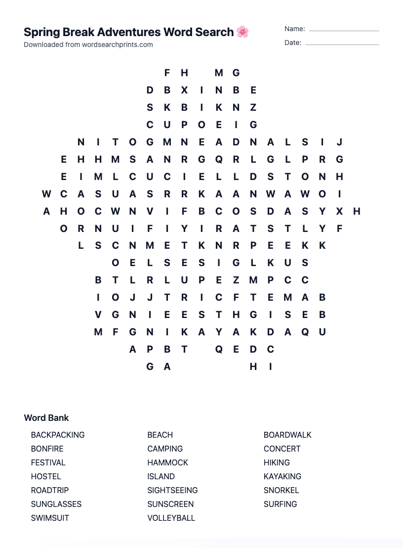 Spring Break Adventures Word Search