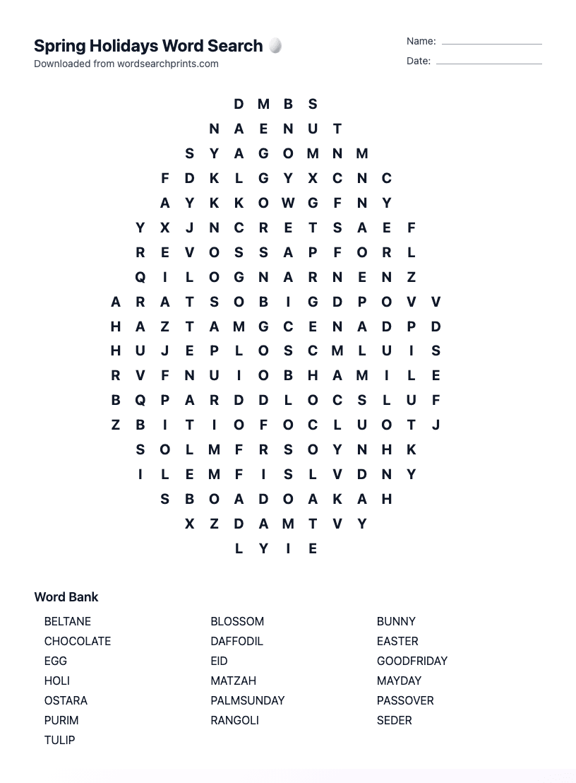 Spring Holidays Word Search