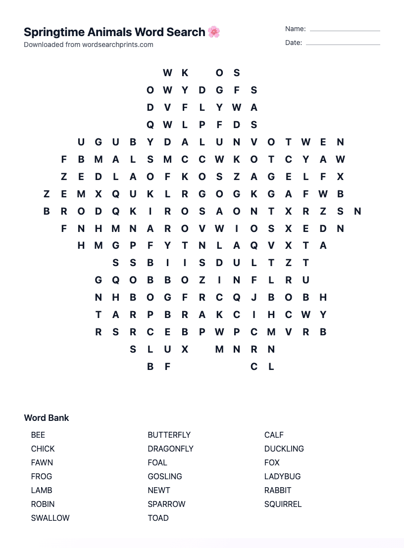 Springtime Animals Word Search