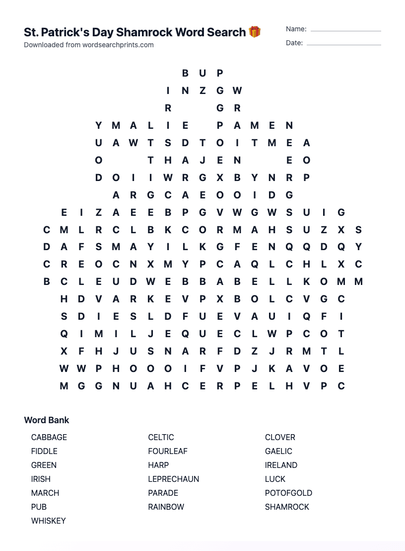 St. Patrick's Day Shamrock Word Search
