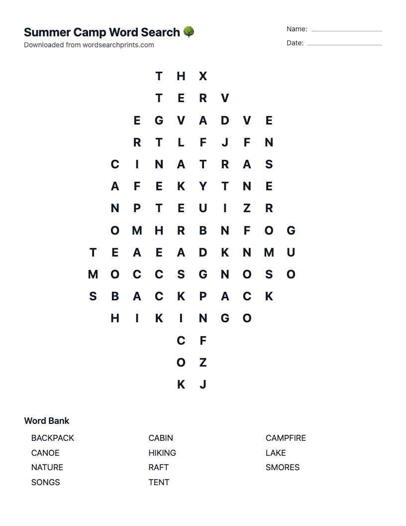 Summer Camp Word Search