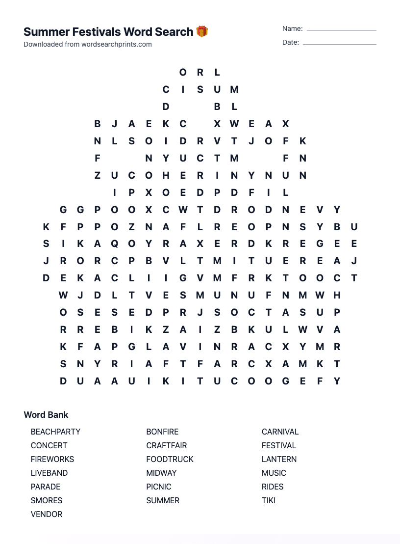 Summer Festivals Word Search