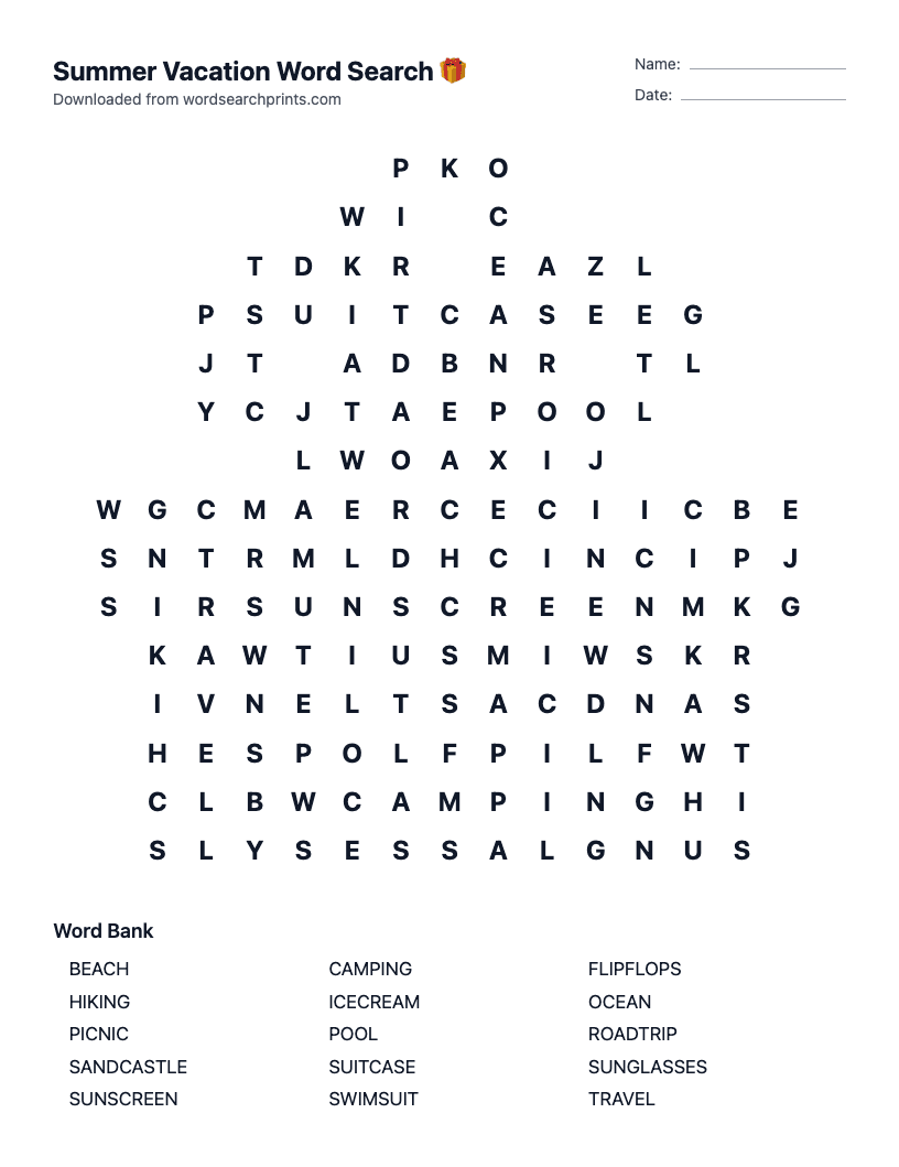 Summer Vacation Word Search