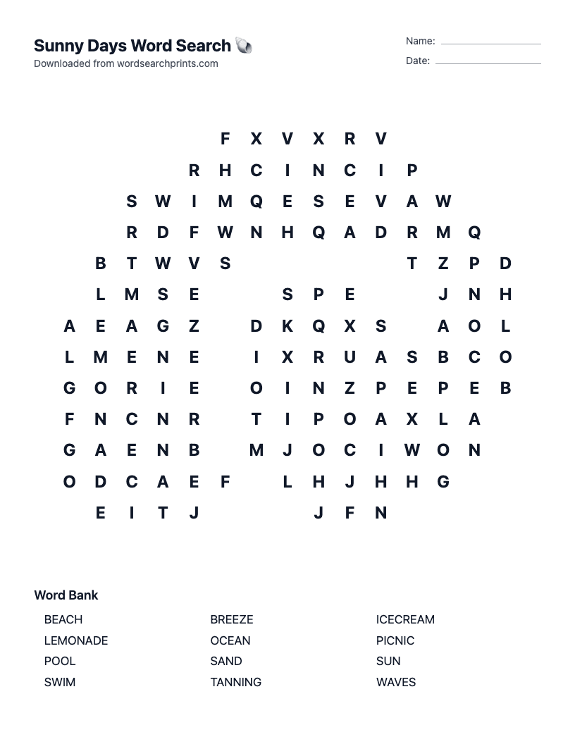 Sunny Days Word Search