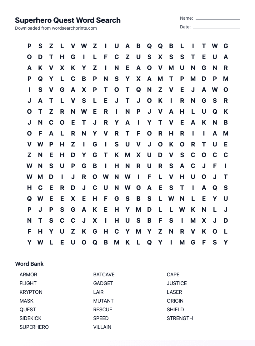 Superhero Quest Word Search