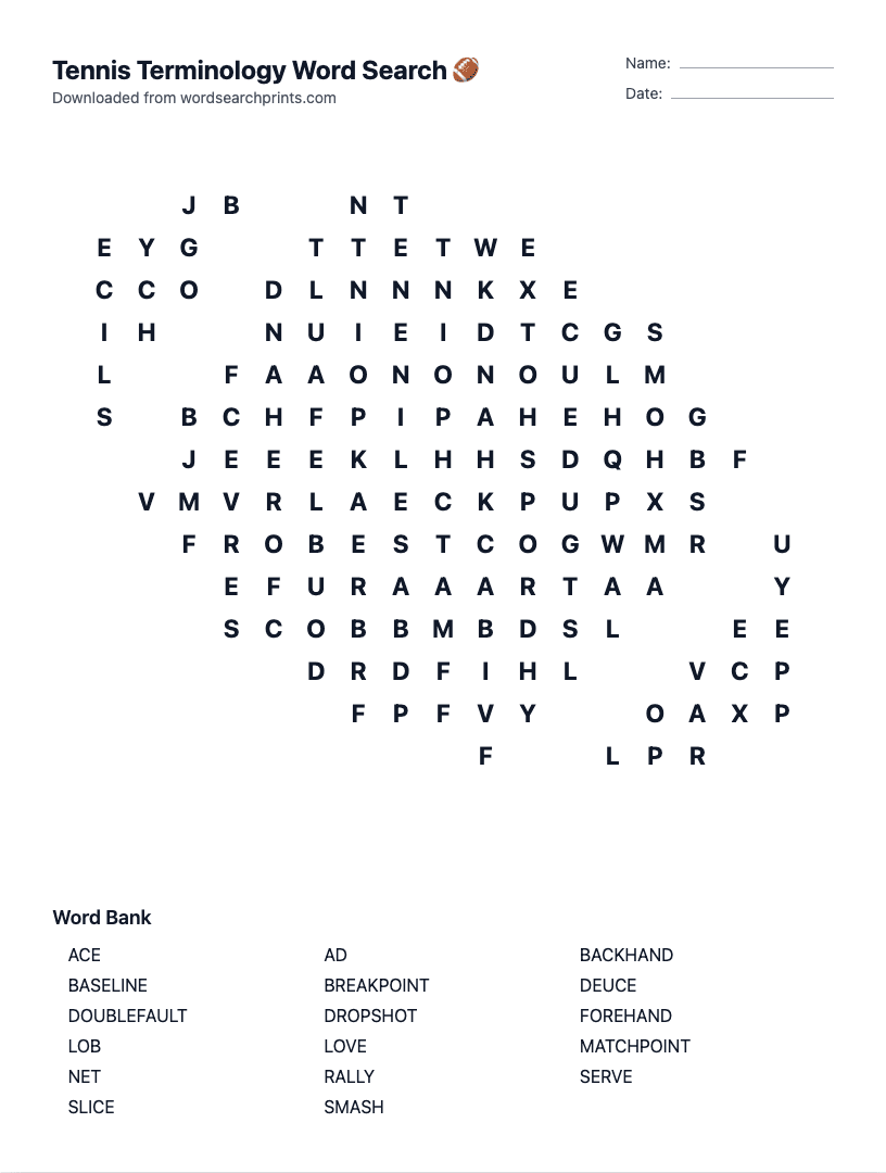 Tennis Terminology Word Search
