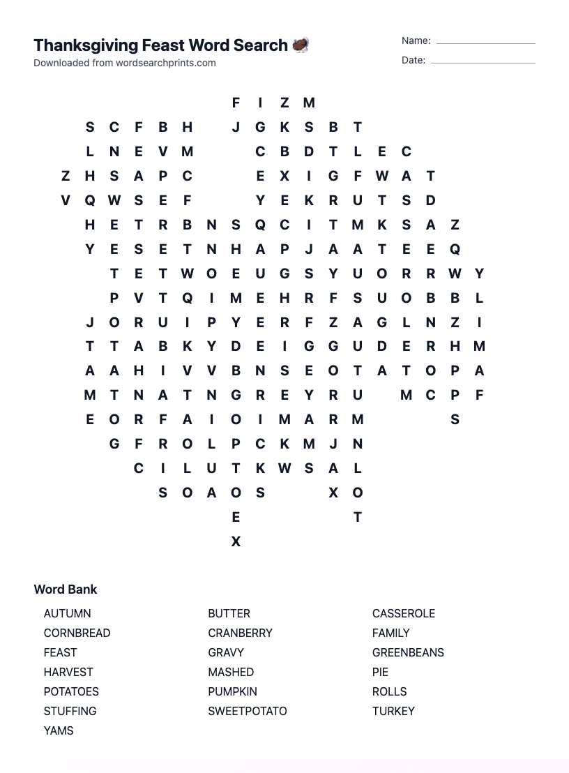Thanksgiving Feast Word Search