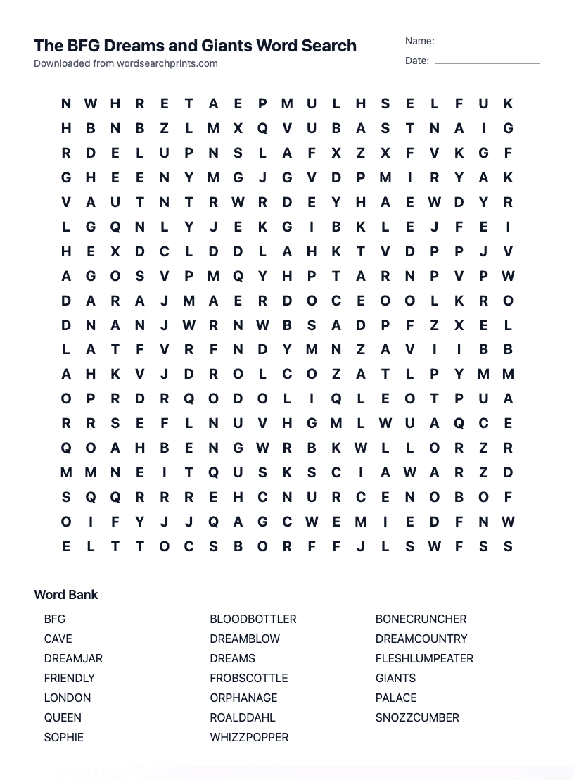 The BFG Dreams and Giants Word Search