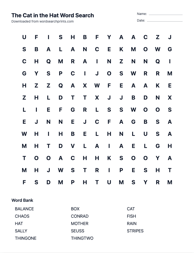 The Cat in the Hat Word Search