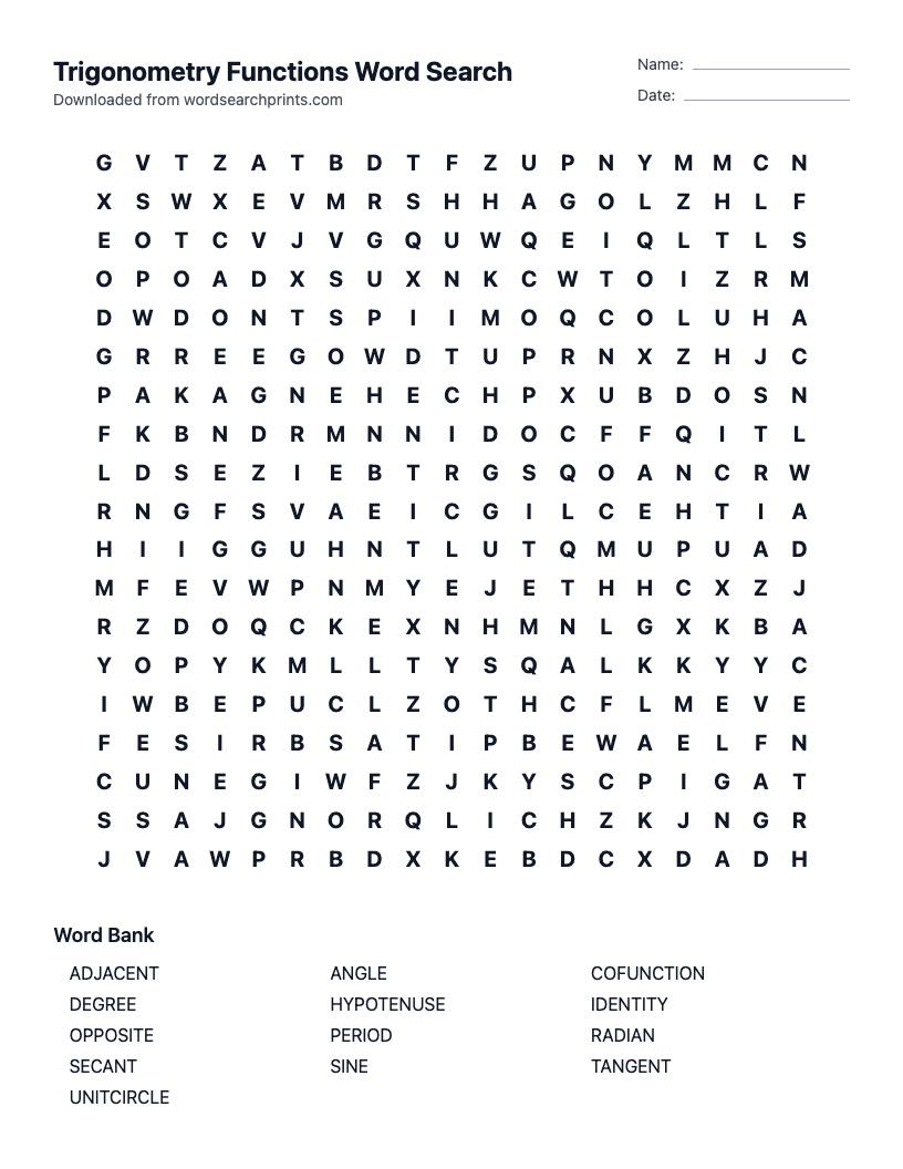 Trigonometry Functions Word Search