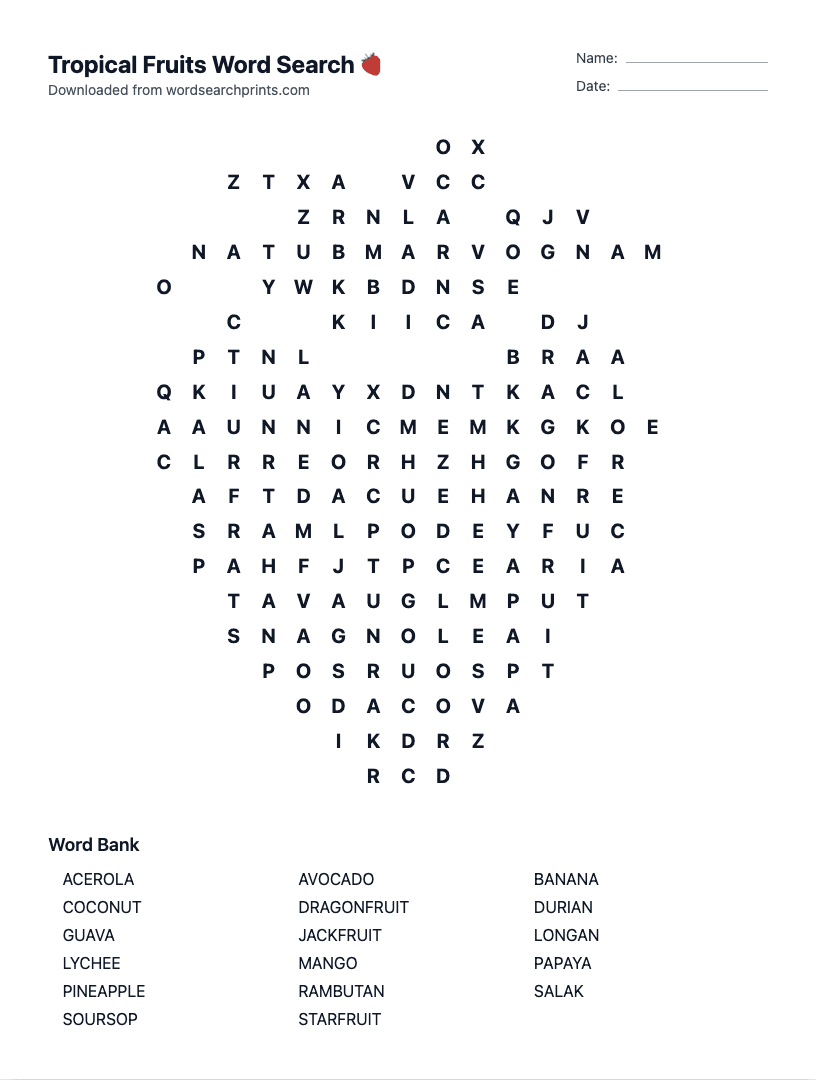 Tropical Fruits Word Search