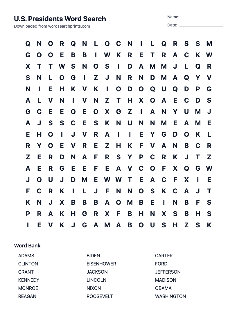 U.S. Presidents Word Search